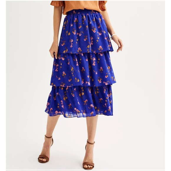 Draper James Dresses & Skirts - NEW Draper James RSVP Tiered Floral Ruffle Cobalt Blue Midi Skirt, Large